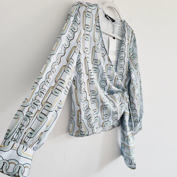 Zara Teal Satin Effect Chain Printed V-Neck Long Sleeve Wrap Top Small - Picture 4 of 8